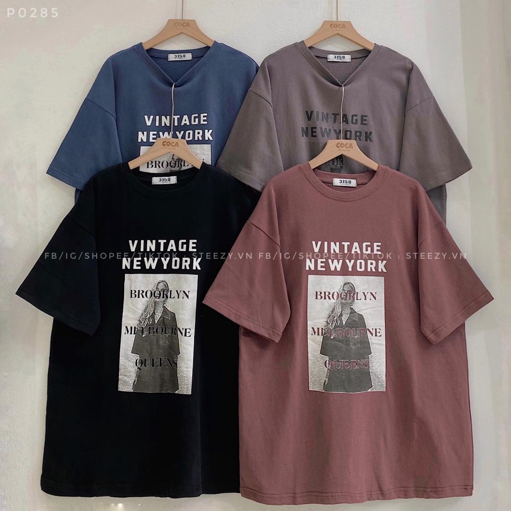 [P0285] Áo thun cotton mặt lông dày in hình cô gái chữ VINTAGE NEWYORK form rộng (Có sẵn/Ảnh thật)