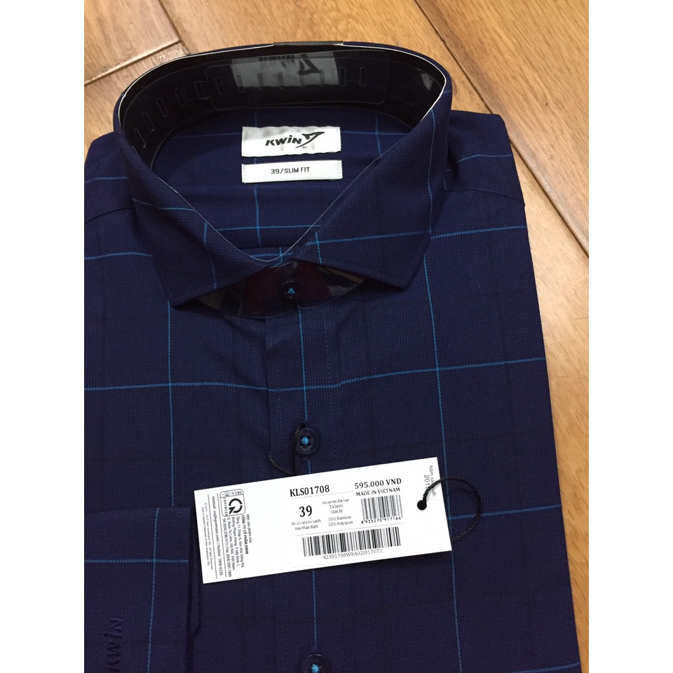 Áo sơ mi dài tay nam KWIN KLS01708 dáng slimfit, chất liệu bamboo sợi tre pha, tím than kẻ caro to