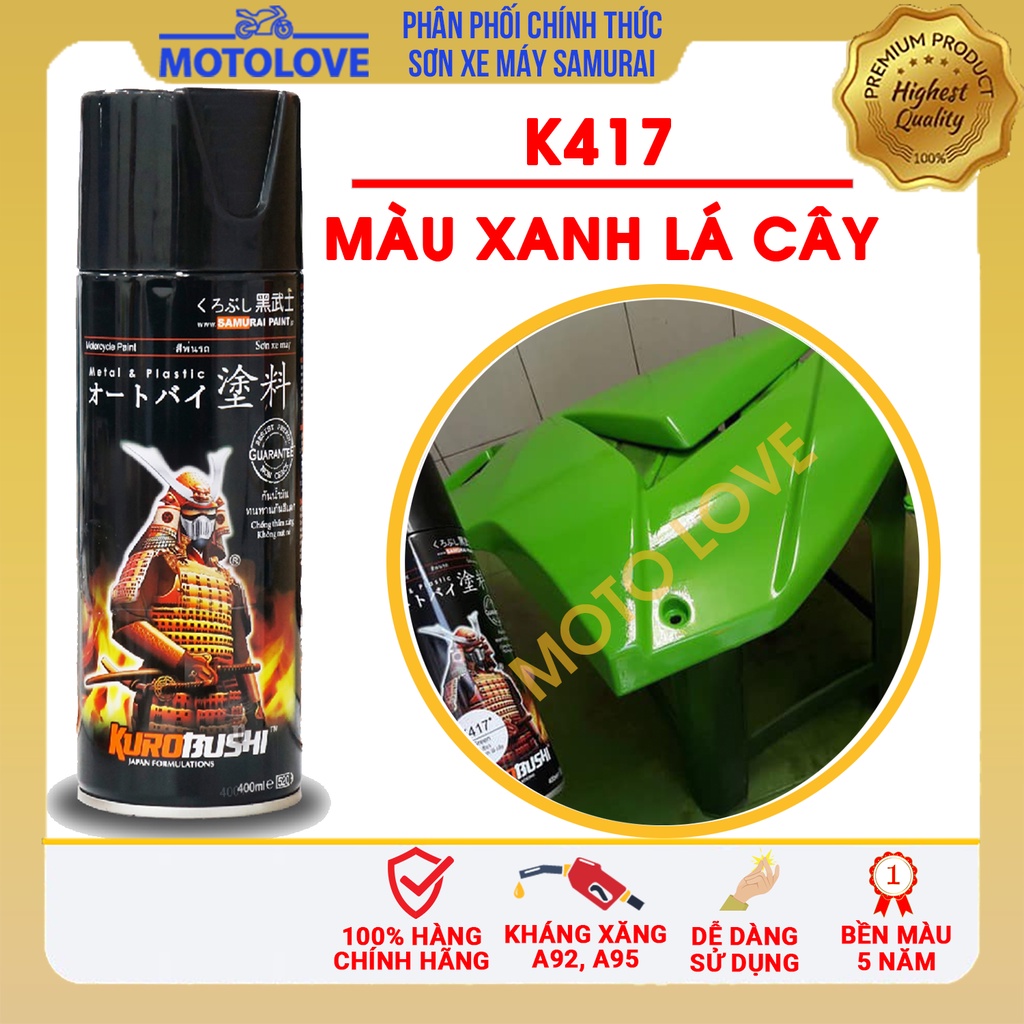 Sơn Samurai màu xanh lá cây K417 chai sơn xịt cao cấp nhập khẩu từ Malaysia