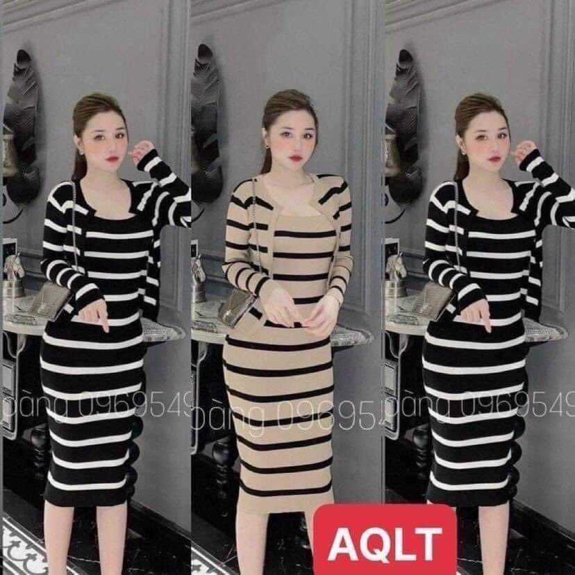 SALE Váy Len Tăm Kẻ Body Thu Đông