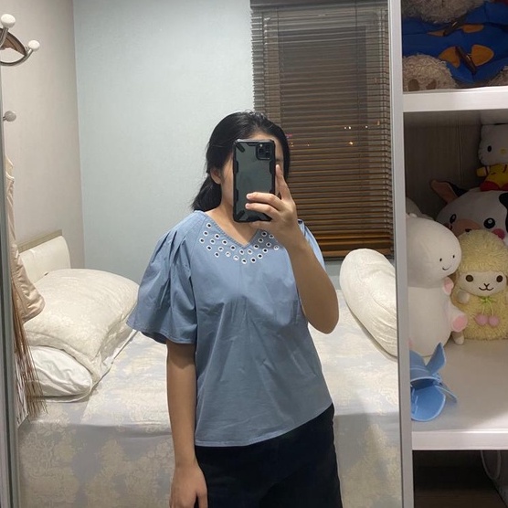 (Mới Không Có Thẻ) NIKKOU Áo Thun Cotton Có Dây Kéo Phía Sau Màu Xanh Dương Chấm Bi Thời Trang Cho Nữ