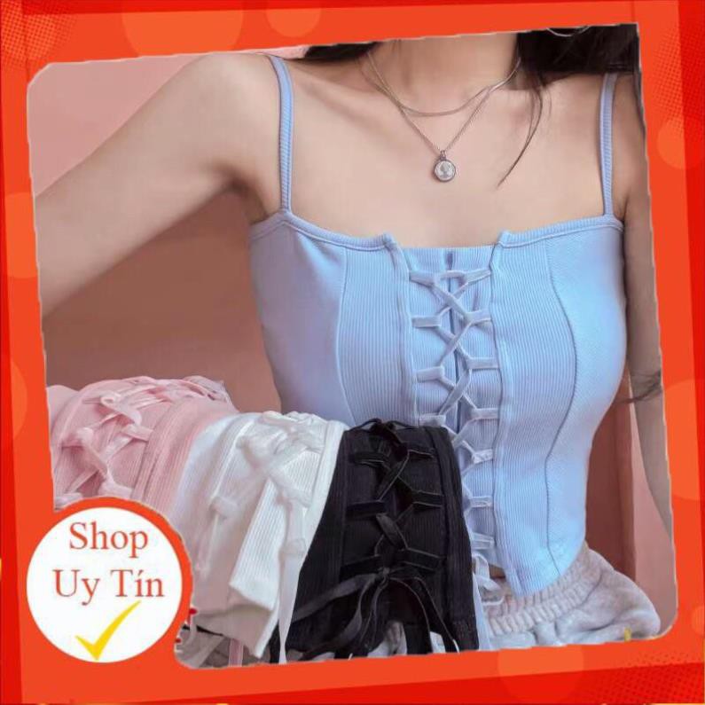 HÀNG QUẢNG CHAU ODER áo 2 hai dây len gân đan dây nơ nữ ngắm crotop