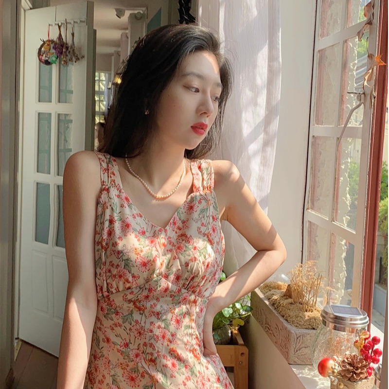 Váy Hàn Quốc cổ chữ V kiểu dài phong cách mùa hè
