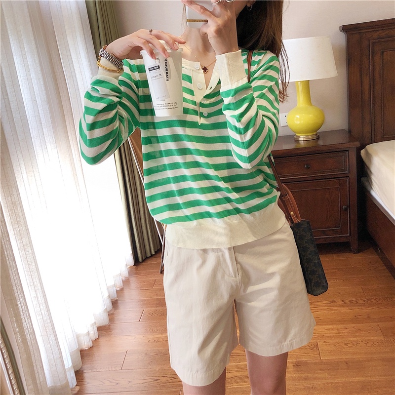 【ZHELIHANGFEI】Áo Len Tay Dài Form Rộng Họa Tiết Kẻ Sọc Hợp Thời Trang Dễ Phối Đồ