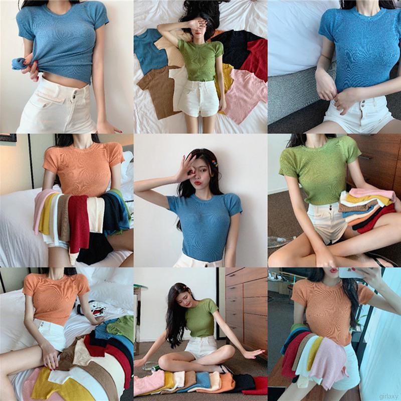 Áo Dệt Kim Tay Ngắn Cổ Tròn Màu Trơn Phong Cách Hàn Quốc Đơn Giản Cho Nữ