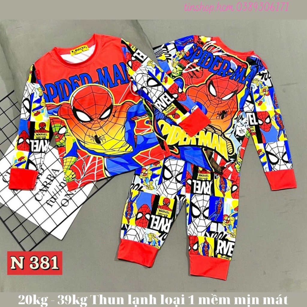 20kg đến 40kg Đồ bộ dài tay thun lạnh cho bé trai size đại, Bộ quần áo thu đông bé trai in 3D siêu nhân, xe, khủng long