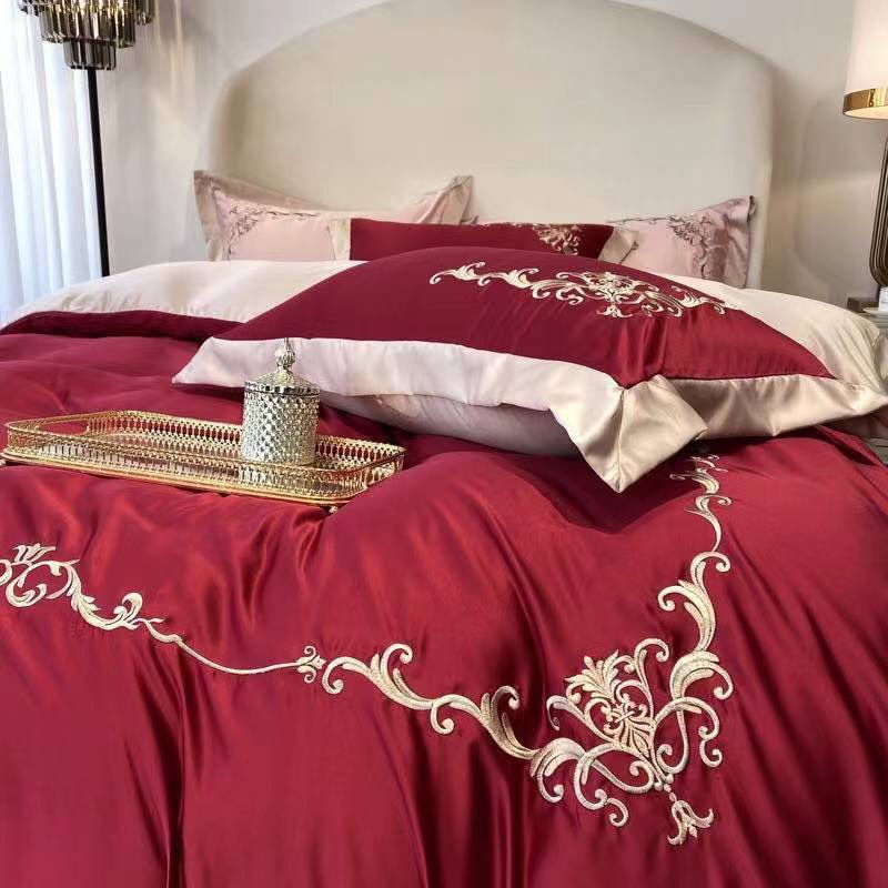 Trọn Bộ Chăn Ga Vỏ Gối Lụa Cotton Hoàng Gia - Họa Tiết Thêu Royal Bedding - Phối Màu