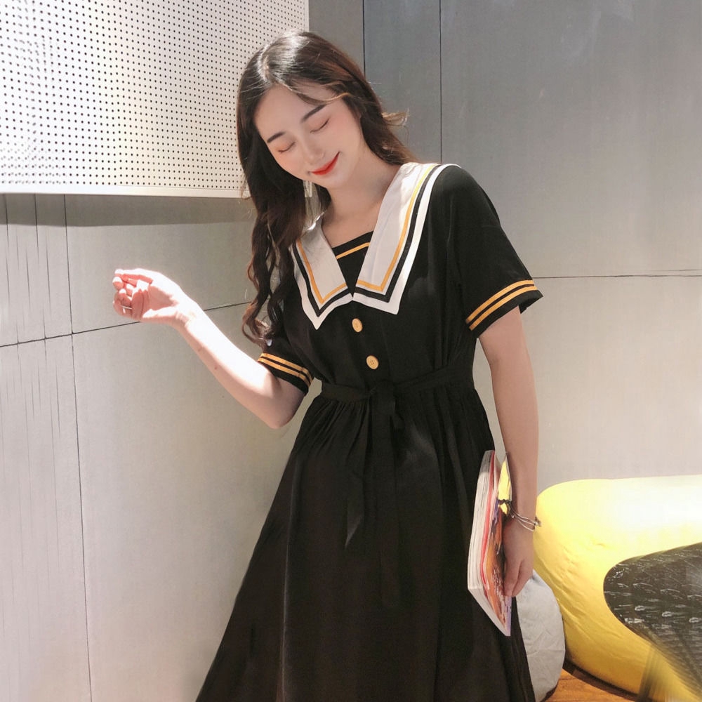 Đầm Midi Chữ a Tay Lửng Cổ Thủy Thủ Dáng Rộng Dễ Phối Đồ Thời Trang Cho Nữ