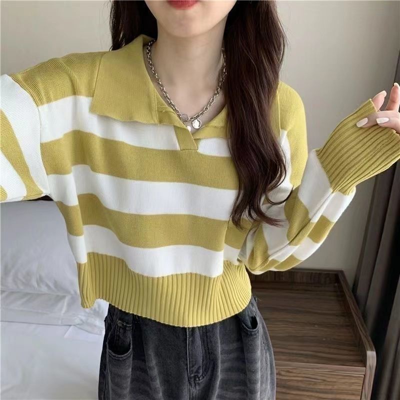 Áo Sweater Dệt Kim Tay Dài Cổ Polo Kẻ Sọc Xinh Xắn Cho Nữ