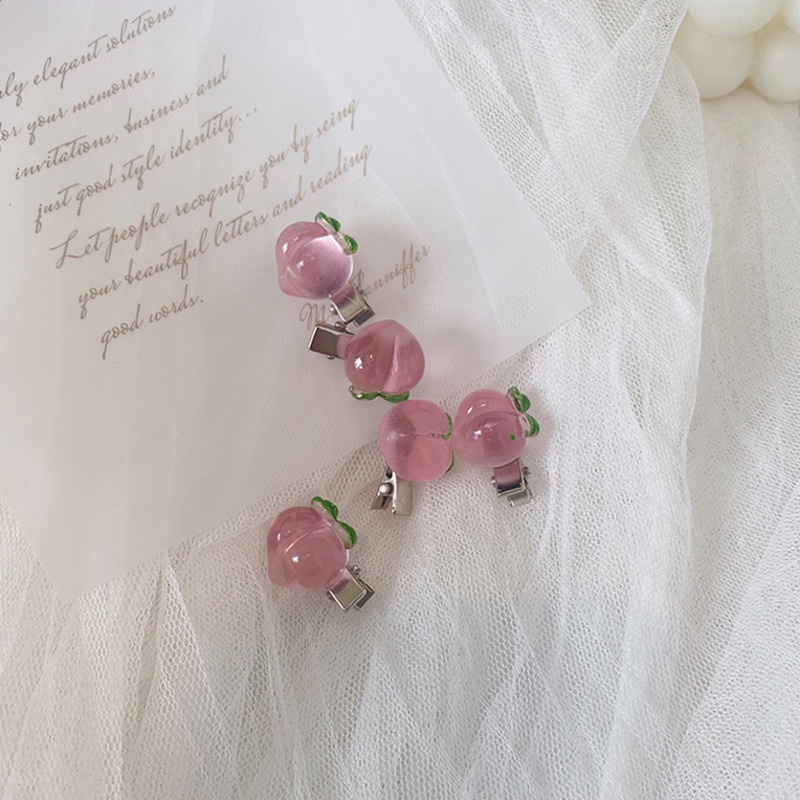 Kẹp Tóc Hình Trái Tim/Hoa Trà/Quả Đào Màu Hồng Xinh Xắn