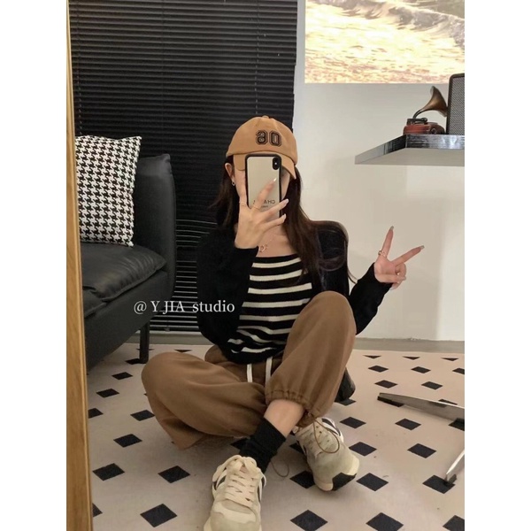 NZN Áo Len Tay Dài Cổ Vuông Giả Hai Lớp Họa Tiết Kẻ Sọc Màu Tương Phản Phong Cách retro Hàn Quốc Dành Cho Bạn Nữ