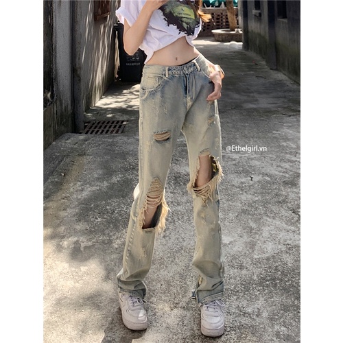 Ethelgirl Quần jeans Nữ Lưng Cao Mài Rách Thời Trang Hàn