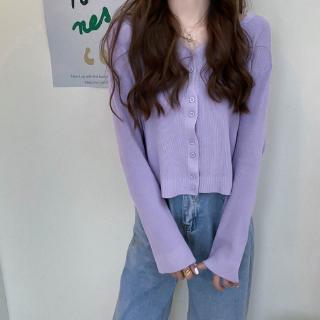 Áo len dệt kim K dành cho nữ Áo len dệt kim dài tay phương Tây Áo dệt kim dáng rộng phong cách nhẹ nhàng Cổ chữ V phong cách mỏng màu tím dài