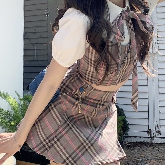 Bộ Áo Sơ Mi Giả Hai Mảnh + Chân Váy Đồng Phục Xếp Ly Sọc Caro Thời Trang Mùa Hè Cho Bạn Gái
