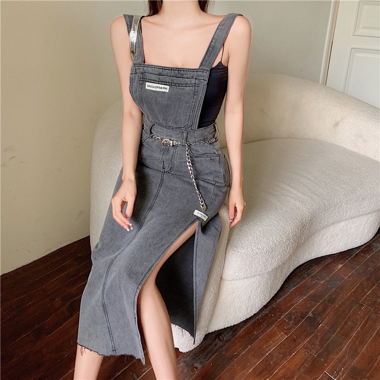 Đầm yếm denim xẻ tà phong cách cổ điển dành cho nữ