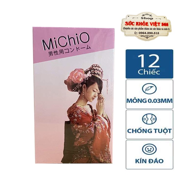 Bao cao su (Bcs, condom) Michio Nhật Bản gân, gai, siêu mỏng, size 49mm ôm vừa vặn hộp 12 cái
