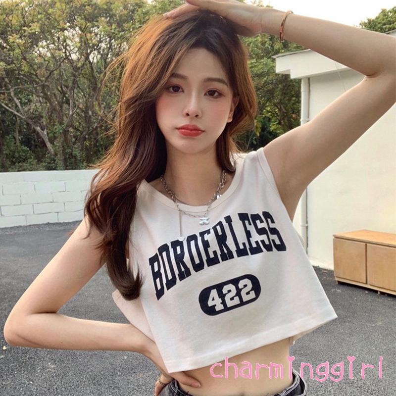 Áo Thun Sát Nách Dáng Rộng Cổ Tròn In Chữ Và Số Thời Trang Đường Phố Cho Nữ