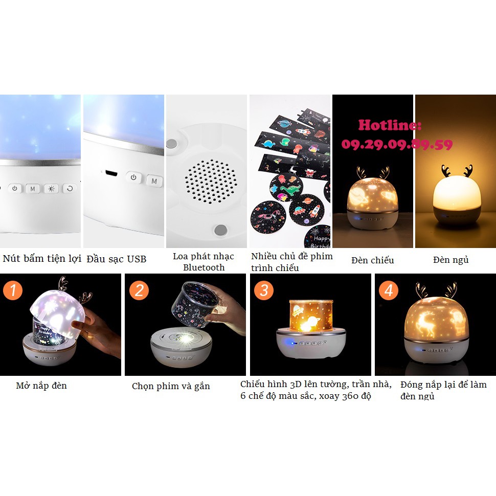 Đèn Chiếu Ngàn Sao 3D, phát nhạc Bluetooth thế hệ mới, tích hợp đèn ngủ xoay tự động, sạc Pin USB siêu Hot