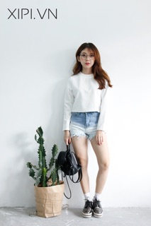 Áo croptop tay dài trơn basic( kèm ảnh thật)