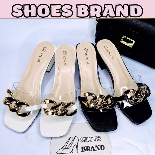 Giày cao gót, guốc dép nữ phối xích vàng đế vuông 5p - MÃ H05