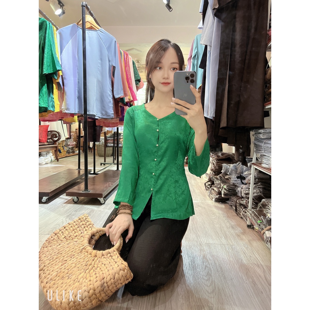 Áo BÀ BA # Đồ Phật tử lụa cao cấp # bà ba vân gấm hoa sen cúc ngọc xinh xắn AB12 xanh lá đậm
