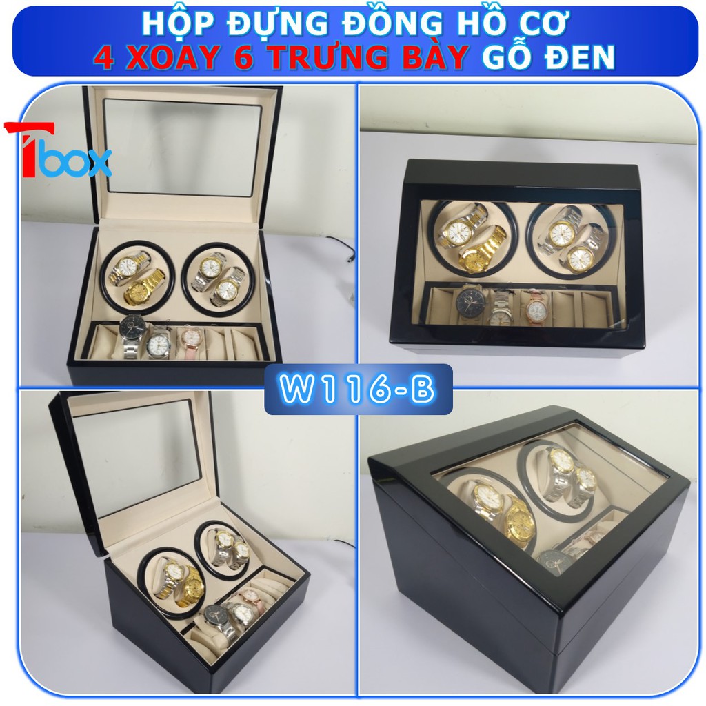 Hộp đựng Đồng hồ cơ 10 chiếc Hộp xoay Đồng hồ cơ 4 xoay 6 tĩnh bằng gỗ màu đen pinano sang trọng