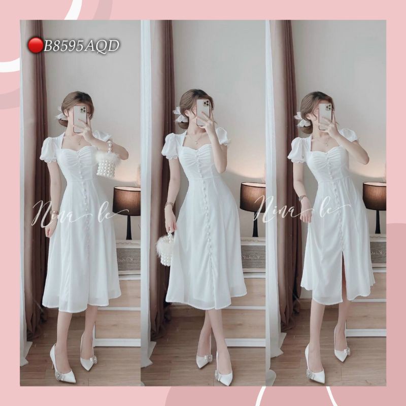 Váy đầm dự tiệc màu trắng dáng dài xẻ tà có mút Linhnastore, váy chụp kỷ yếu