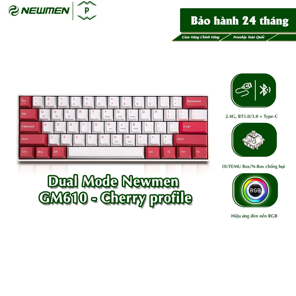 Bàn phím cơ không dây Dual Mode Newmen GM610 Cherry Profile 61 phím Hotswap đa chế độ kết nối