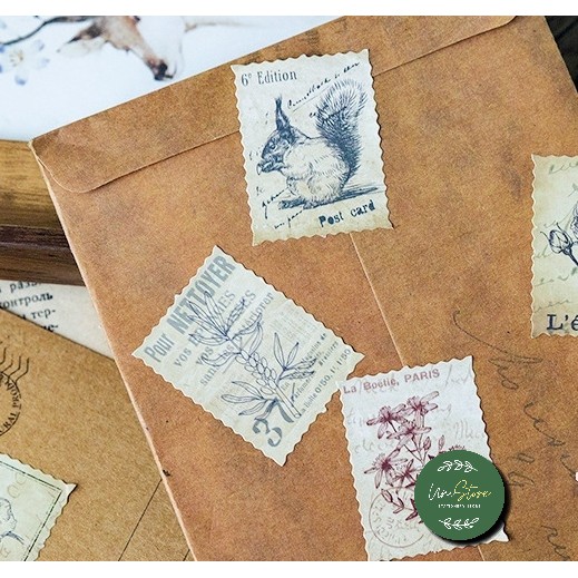 Bộ 46 sticker vintage - tem thư hình thực vật little forest post office