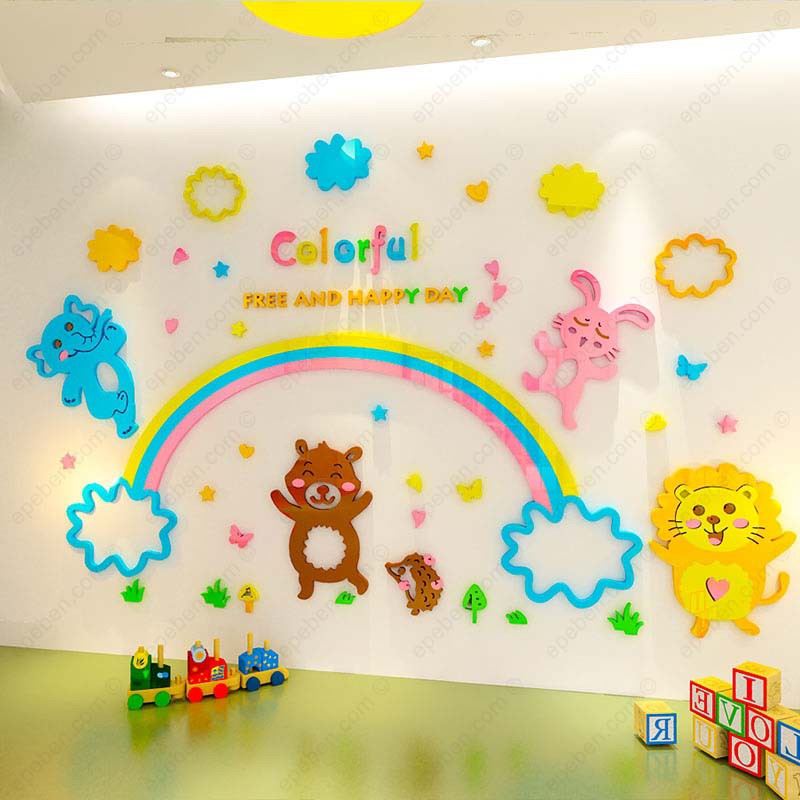 Tranh dán tường mica 3d decor khổ lớn ngày hạnh phúc trang trí mầm non, phòng cho bé Nhiều Size - EPeBen