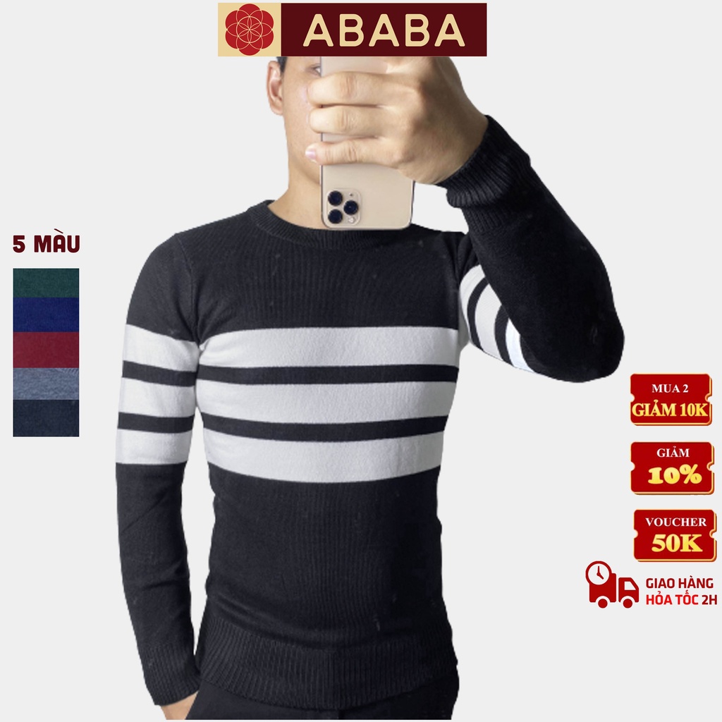 Áo len nam cổ tròn hàng hiệu ABABA, áo len dày dặn, mềm mịn kẻ 3 vạch ngực m9 đẹp, sweater len nam, kiểu dáng Hàn Quốc