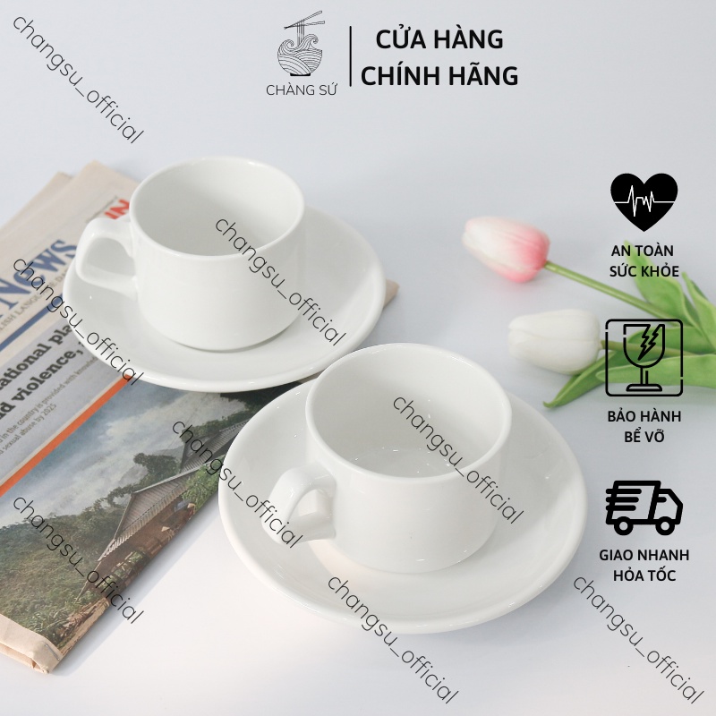 Tách trà, cafe trắng trơn và đĩa lót tách sứ Minh Châu bày tiệc, nhà hàng, quán nước - In theo yêu cầu