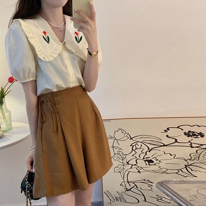 Set Áo Sơ Mi Tay Ngắn Cổ Đứng + Quần Short Ống Rộng Thời Trang Pháp Cho Nữ