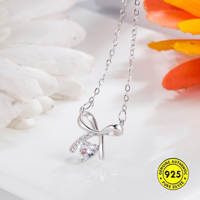 Vòng cổ Mạ Bạc 925 Mặt Hình Nơ Đính Kim Cương Nhân Tạo Thời Trang Cho Nữ