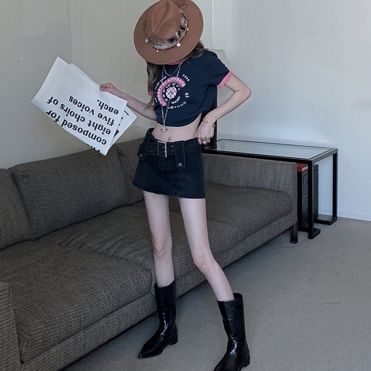 Chân váy denim ZHELIHANGFEI ngắn phối quần bên trong ôm hông phong cách Âu Mỹ cho nữ