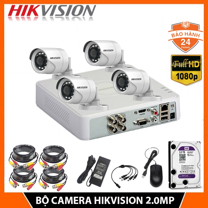 Trọn Bộ camera giám sát Hikvision 2.0MP-FHD 1080P - Đủ bộ 4 mắt 2.0MP- đầy đủ phụ kiện Lắp đặt