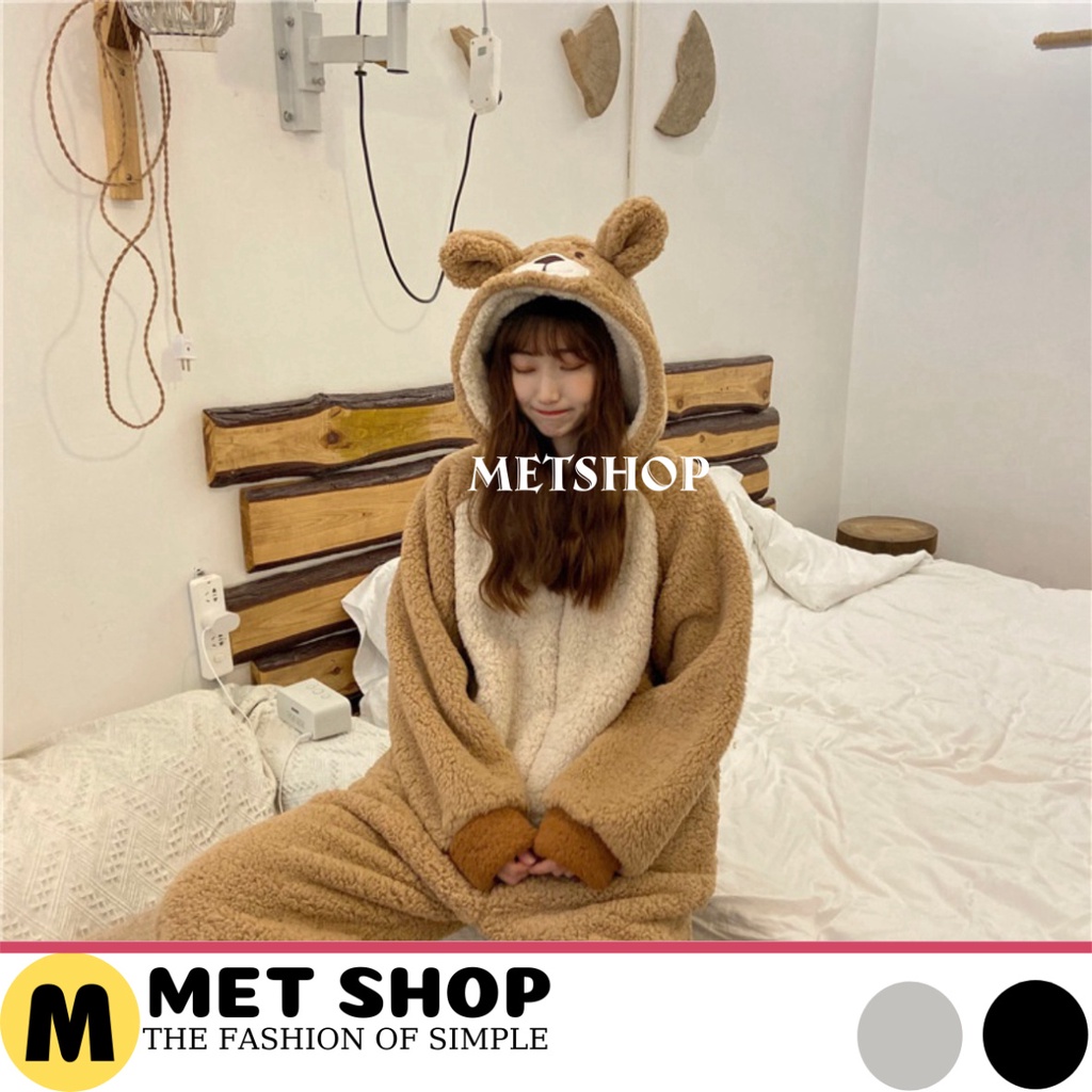 Bộ lông gấu màu nâu, bộ gấu liền thân thêu hình đẹp cho nữ siêu ấm, đồ ngủ mùa đông lông cừu giữ nhiệt tốt - METSHOP
