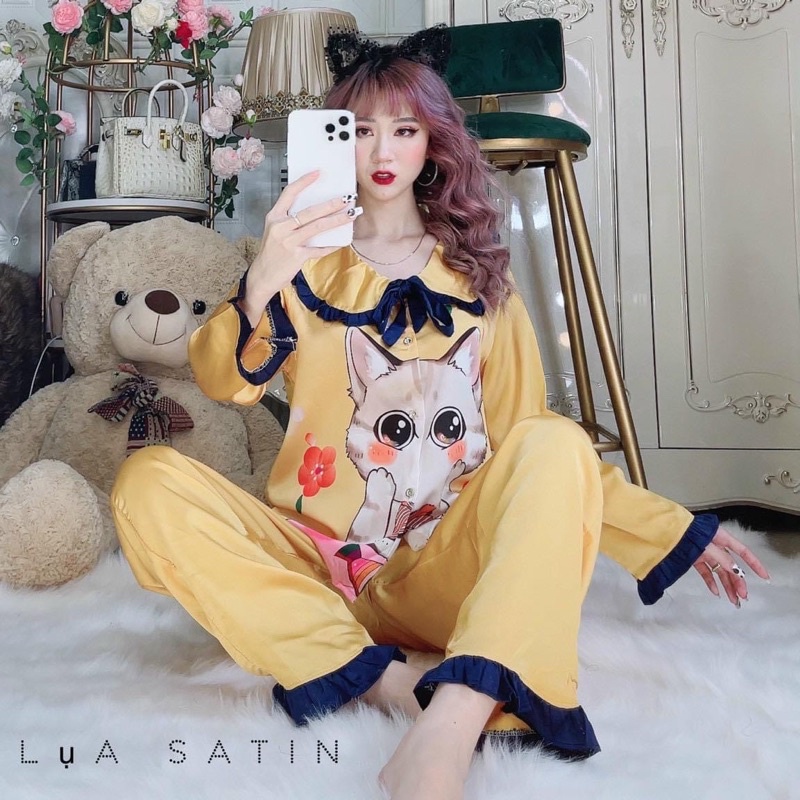 SỈ=LẺ Đồ bộ mặc nhà Pijama Lụa Satin dưới 62kg tay dài quần dài Tiểu Thư dễ thương