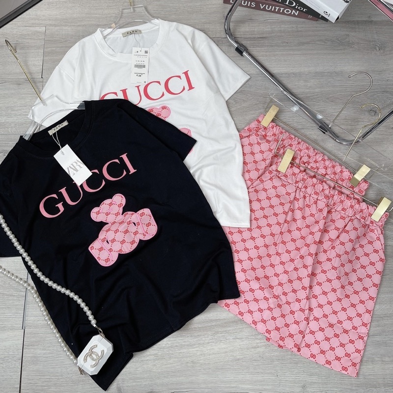 Set áo cotton thêu gấu và quần sooc đùi kaki Bộ đùi mặc ở nhà Bộ ngủ