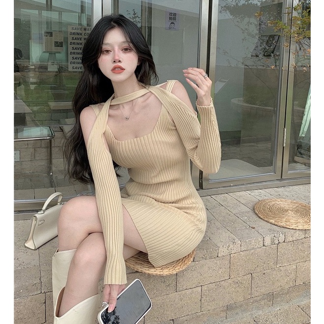 Cocory vn váy dệt kim gợi cảm cho phụ nữ quần áo trễ vai áo dài tay mini dress