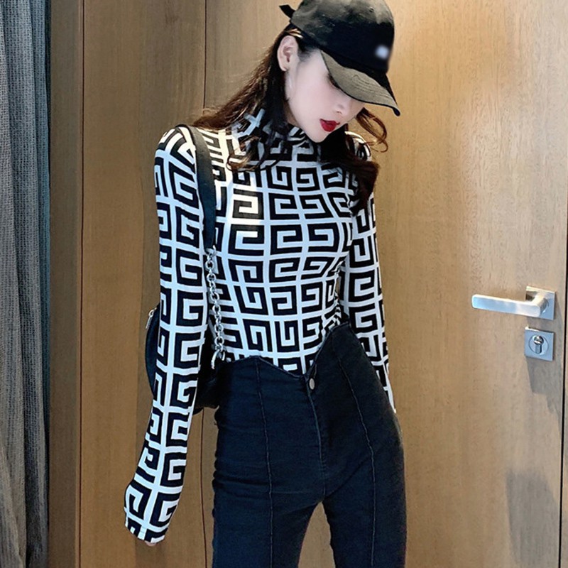 Áo Thun Dài Tay Ôm Dáng In Họa Tiết Cổ Cao Xinh Xắn Phong Cách Hàn Quốc