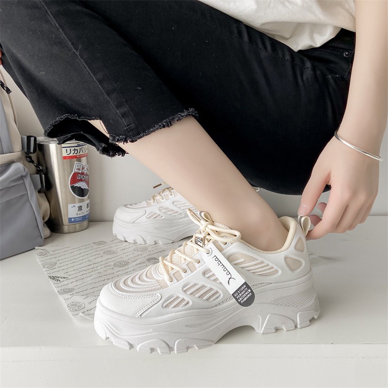 Giày thể thao sneaker nữ Xanu đế kem 5 cm phối vải thoáng khí