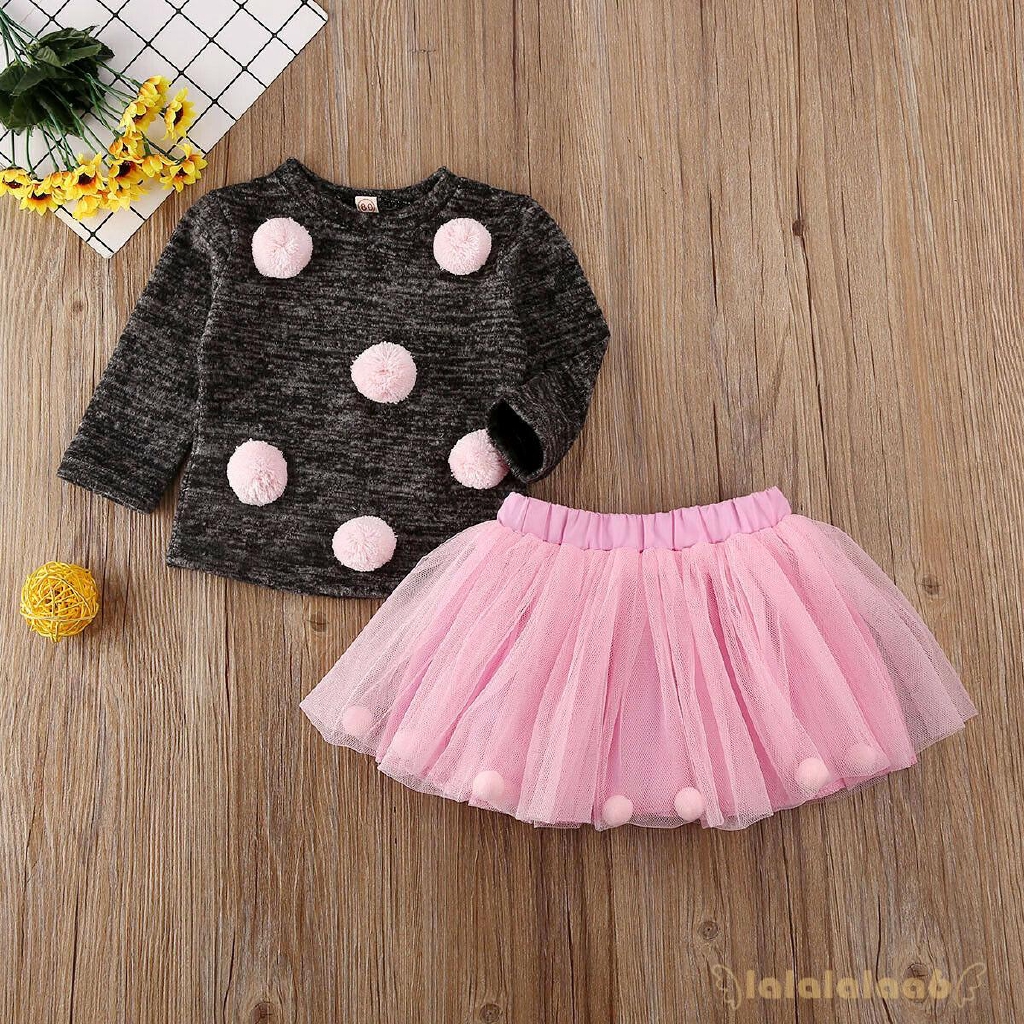 ◕ω◕Baby Girl Knit Sweater Pompom Tops + Party Ball Gown Tulle Skirt