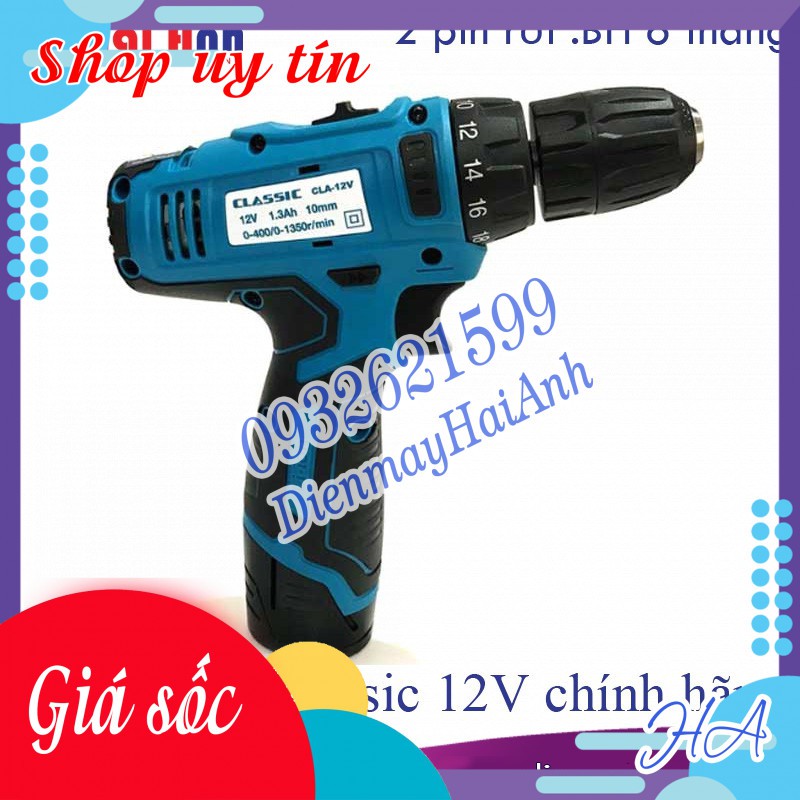 Máy khoan cầm tay pin Classic pin 12V chính hãng, 2 pin rời, công nghệ Nhật Bản, động cơ bền bỉ. BH 6 tháng