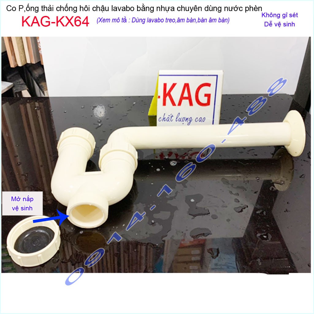 Ống thải lavabo KAG-KX64 nhựa 100%, ống xả co P chậu rửa mặt chống hôi có bầu lắng dễ vệ sinh không gỉ séc siêu bền