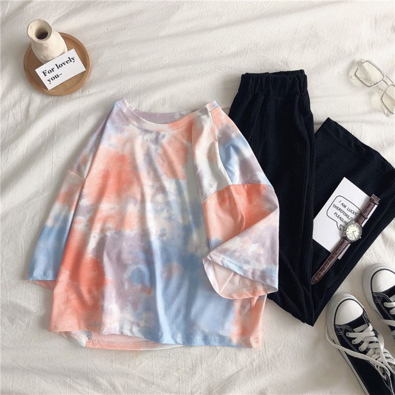 Áo Thun Tay Ngắn In Màu Nhuộm Gradient Phong Cách Hàn Quốc Thời Trang Mùa Hè Cho Nữ