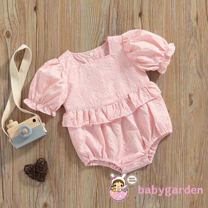 BABYGARDEN-0-24month Baby Girl Summer Jumpsuit, Puff Short Sleeve Square Neck Solid Lace Jacquard Ruffle Bodysuit
