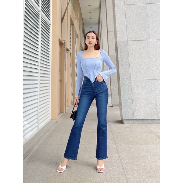 quần jean lung cao loe nhẹ hack dáng chuẩn xuất hàn, denim dày mịn co giãn vnxk