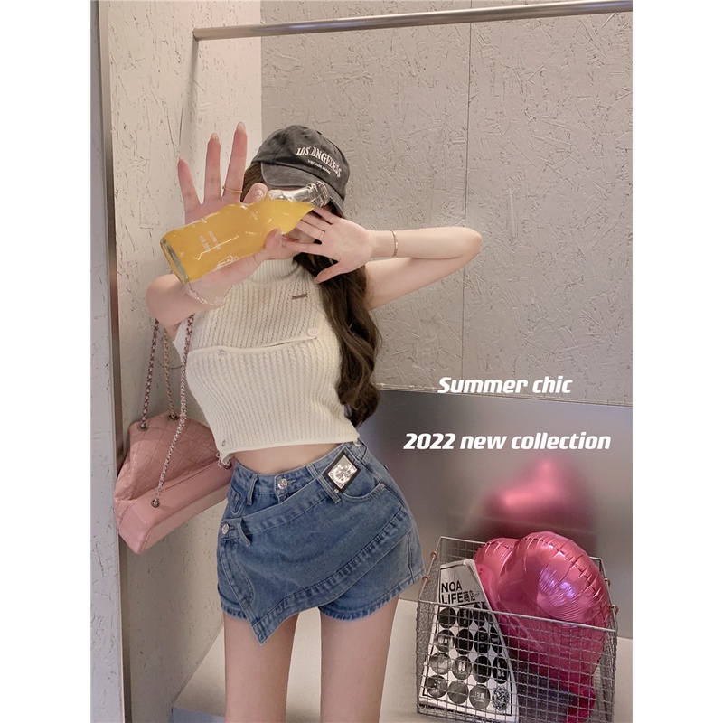 Set Áo Len Không Tay + Chân Váy Jeans Lưng Cao Phong Cách Hàn Quốc Mới Cho Nữ
