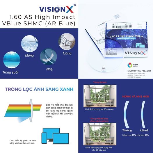Tròng Kính Mỏng Cận Loạn Chống Ánh Sáng Xanh Giảm Mỏi Mắt Khô Mắt Vivo Optics Singapore VisionX 1.60 AS V Blue SHMC